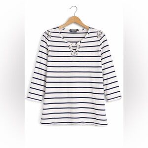 Onque Casual Striped Lace Up Top Navy White | 3/4 Sleeve Shirt